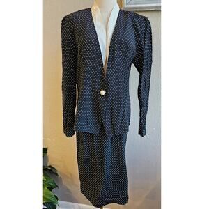 Vintage Women's Reina 2 Piece Polka Dot Jacket & Skirt Suit Church Size 12 Black
